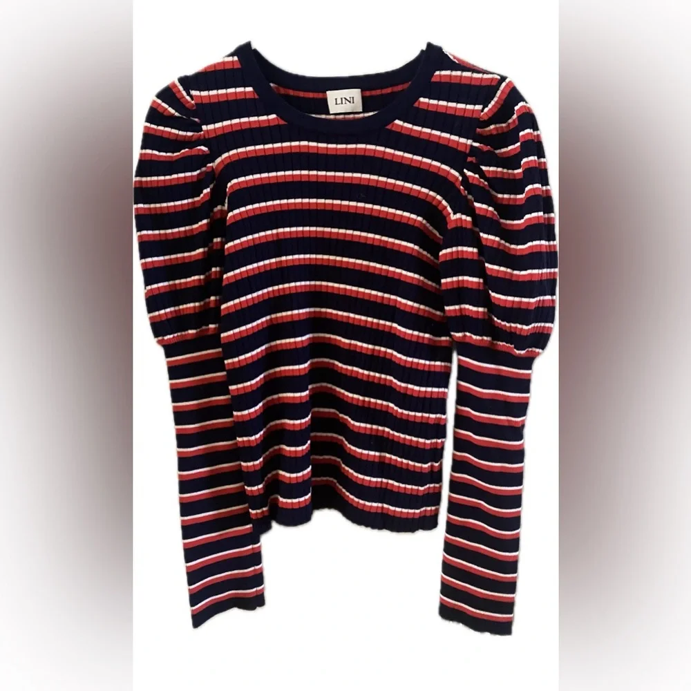 Lini Marla Striped Juliet Sleeve Esther Sweater Top Blue Red Stripe Med like new - Picture 3 of 14